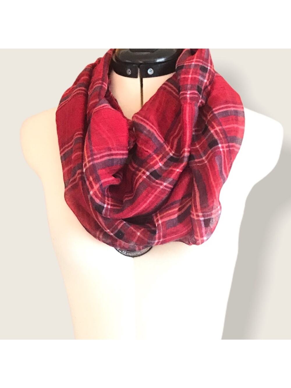 Sheer Infinity Scarf Red Plaid 35" x 121"